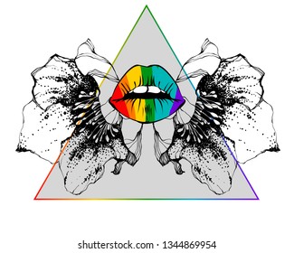 rainbow lips . helleborus nifty gentle hand drawn botanica . Vintage nature element for visit card or wedding invitation. Stylish flower, fancy blossom. Black line botanical motiv. Herbal culm.

