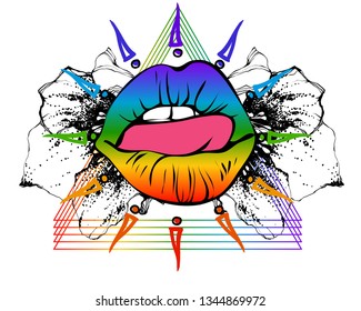 rainbow lips . helleborus nifty gentle hand drawn botanica . Vintage nature element for visit card or wedding invitation. Stylish flower, fancy blossom. Black line botanical motiv. Herbal culm.


