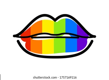 Rainbow lips as pride symbol. Simple line mouth icon. Sexy open mouth with colorfull lipstic. LGBT  kiss symbol. 