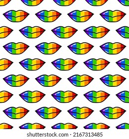Rainbow lips seamless pattern. LGBT pride month background.  Vector template for wrapping paper, wallpaper, fabric, etc.