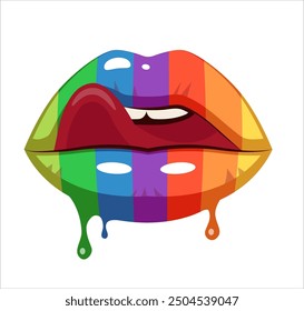 Lábios arco-íris com língua e gotas em uma ilustração vetorial