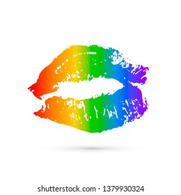 Rainbow lipstick kiss isolated on white. LGBT community symbol.  Gay pride vector illustration. Imprint of the lips. International Day Against Homophobia poster, sign, greeting card, flyer, sticker