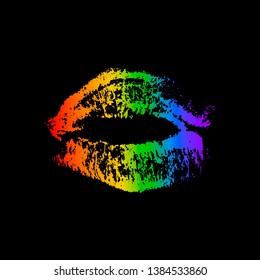 Rainbow lipstick kiss on black background. LGBT community symbol.  Gay pride vector illustration. Imprint of the lips. International Day Against Homophobia poster, sign, greeting card, flyer, sticker.