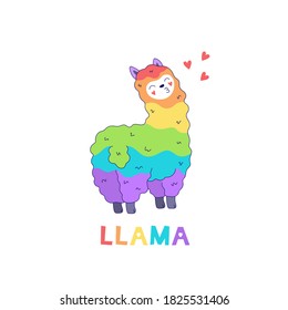 Rainbow llama, colorful vector illustration isolated on white background.