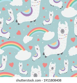 Rainbow llama vector seamless pattern.