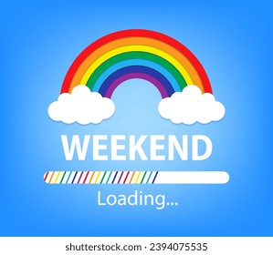 Rainbow and loading bar and colorful text weekend print visual. Isolated on blue background. Vector illustration