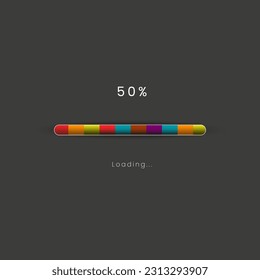 Rainbow loading bar in progress symbol, icon, banner. rainbow 50 pecent loading sign vector illustration on dark background. Used for updating and upgrade concept