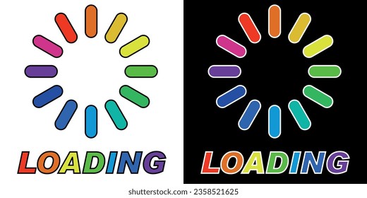 Rainbow loading bar, two options for black and white surface. Vector loading with text.