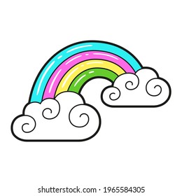 Rainbow looking out of the clouds. Kids sticker design, children tatoo idea. After rain natural phenomenon. Weather, meteorology, climate. Vector illustration isolated on white background.