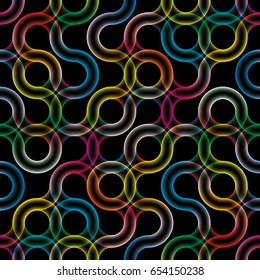 Rainbow loops. Colorful glow looped circles seamless pattern. Futuristic vector dark tileable background.