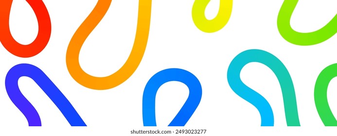 Rainbow loops and squiggles background. Colorful dynamic curves. Multicolored doodle lines. Trendy minimalistic print for banners or posters. LGBT, fun or happy theme wallpaper. Vector illustration.