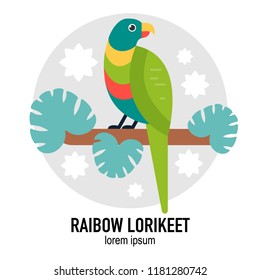 Rainbow Lorikeet bird vector flat illustration with leaves