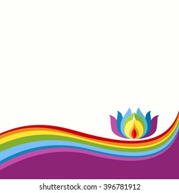 Rainbow and Lotus decorative background. Colorful rainbow and flower elements. Rainbow card or poster template. Copy space. Vector illustration.