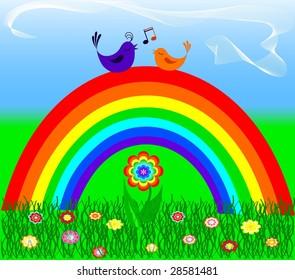 Rainbow with love bird. vector illustration
