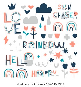 Rainbow, love lettering on abstract background. Doodle clouds and flowers color flat illustration. Cartoon arcs, crosses and circle drops drawing and handwritten decorated typography