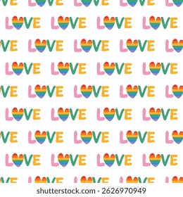 Regenbogen lieben Schriftzug nahtlose Muster. Fröhlicher Stolz minimalistischer Hintergrund mit einfachem Text. Handgezeichnetes, flaches Design, Vektorgrafik.