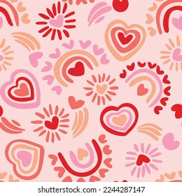 Rainbow love made of cute little hearts in a subtle color palette of pink, coral, peach and red on light pink background. Great for home decor, fabric, wallpaper, gift-wrap, stationery.

