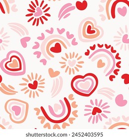 Rainbow love made of cute little hearts in a subtle color palette of pink, coral, peach and red on light pink background. Great for home decor, fabric, wallpaper, gift-wrap, stationery.