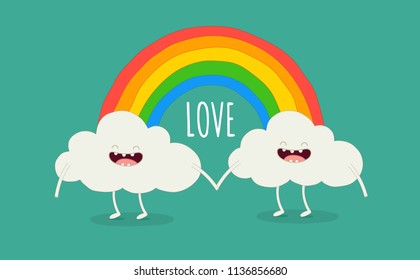 Rainbow, love, parade, emotion clouds. Funny image. Vector illustrations. Use for cards, fridge magnets, stickers, posters.