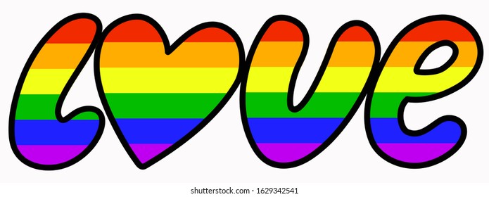 Rainbow love text in lgbt pride colors. Banner concept of love gay lesbian transgender and bisexual. Symbol of sexual minority community. Stock vector flat illustration isolated on white background.