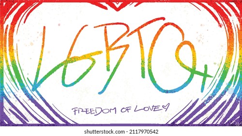 Rainbow love vector for Valentine's Day and Pride Month. Love banner and background with LGBT Flag Colours. Handwriting typography. Freedom of love. Unisex love.