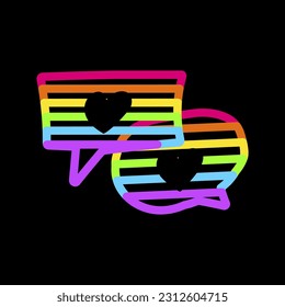 Rainbow-Liebhaber sprechen Blasen mit neonenfarbenen, hellen Nadelstiften auf dunklem schwarzem Hintergrund. LGBT-Party-Symbol für das Design der Karte oder Einladung. Illuminiertes Vektorsymbol einzeln auf schwarzem Hintergrund