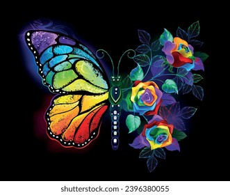 Arcoiris, mariposa monarca luminosa, pintada de forma artística con ramo de iridiscente, rosas brillantes y luminiscentes sobre fondo negro. Mariposa arcoiris. Arte vector dibujado a mano.