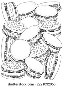 Rainbow Macarons. Donut Macarons with icing and sprinkles. Black and white. Anxiety Relief Coloring Book for Adults and kids. For books 8.5 x 11 inches