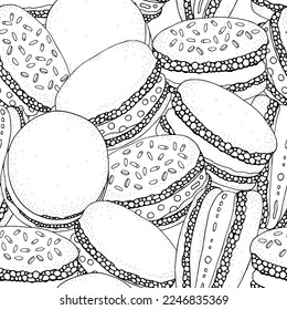 Rainbow Macarons. Donut Macarons with icing and sprinkles. Seamless pattern. Black and white. Anxiety Relief Coloring Book for Adults and kids. zentangle