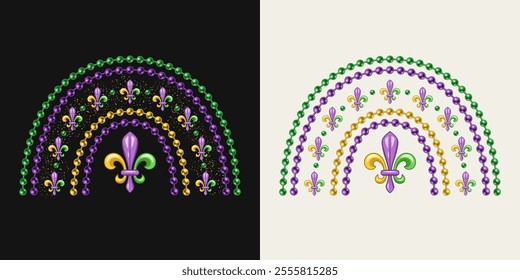 Rainbow made with bead strings, Fleur de Lis sign. Design element for Mardi Gras decoration.