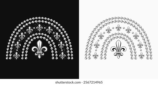 Rainbow made with bead strings, Fleur de Lis sign. Design element for Mardi Gras decoration.