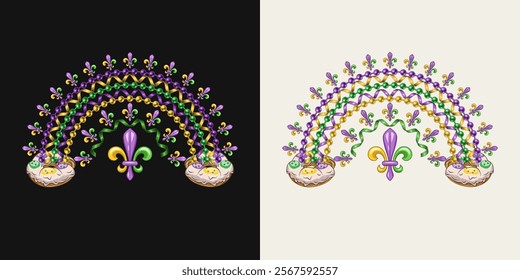 Rainbow made with bead strings, Fleur de Lis sign, king cake. Design element for Mardi Gras decoration.