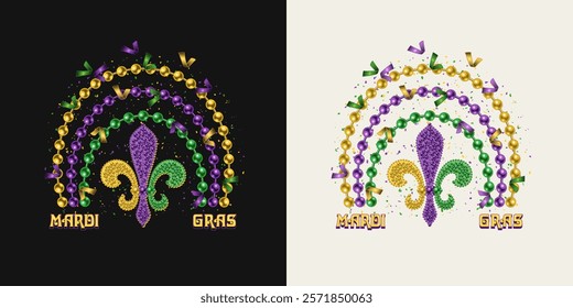 Rainbow made with bead strings, Fleur de Lis sign, flying confetti. Design element, composition with text for Mardi Gras decoration.