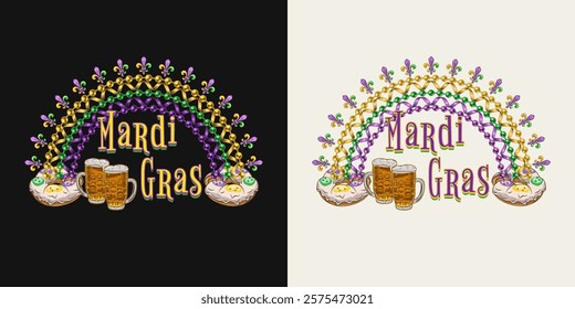 Rainbow made with bead strings, Fleur de Lis sign, king cake, beer glasses, text. Design element for Mardi Gras decoration.