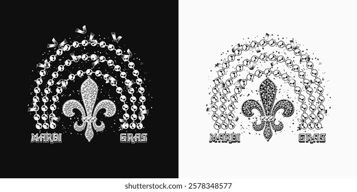 Rainbow made with bead strings, Fleur de Lis sign, flying confetti. Design element, composition with text for Mardi Gras decoration.