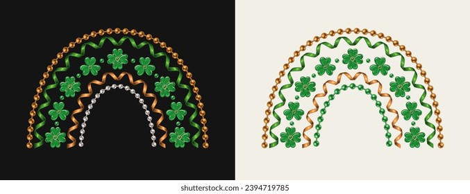 Rainbow made with clover, lucky shamrock leaves, bead strings, spiral ribbons. Design element for St Patricks Day decoration. Irish traditional colors