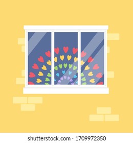 Rainbow made of hearts in the window, symbol of hope during Covid-19 outbreak and world pandemic. Stay at home for coronavirus prevention, quarantine will end soon. Vector illustration