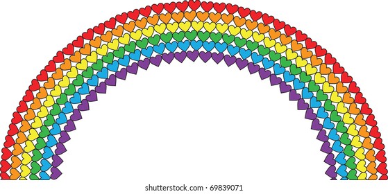 A rainbow made with rows of hearts in rainbow colors