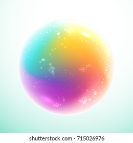 Rainbow magic ball with bubbles inside on light blue background