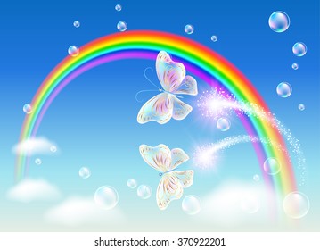 Rainbow and magic butterfly in the sky 