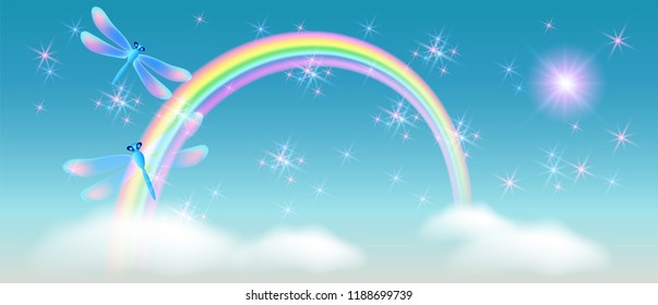 Rainbow with magic dragonfly in the blue sky and sparkle stars