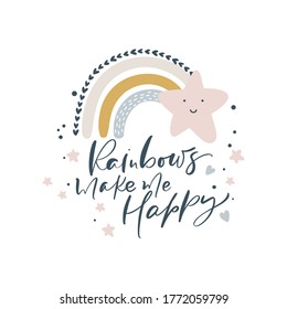 Rainbow make me Happy calligraphy lettering text and illustration rainbow with star for social media content or kids greeting card. Cute scandinavian vector hand drawn design.