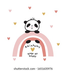 Rainbow Make Me Happy. Little Cute Panda On A Rainbow. Baby Design For Birthday Invitation, Poster, Kids Apparel, Nursery Wall Art And Postcard. Vector.