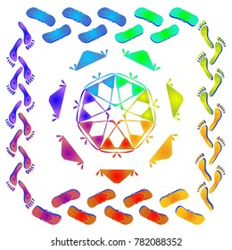Rainbow mandala. Circular ornament of swimsuits, flip flops and footprint on white background. You can use for design of textiles, posters, leaflets.
