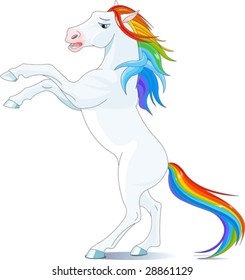 Rainbow mane and tail horse, reared up