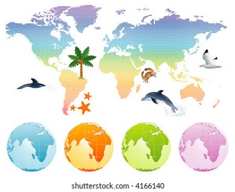 Rainbow map earth with dolphin, palm tree and globe, vector illustration