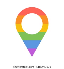 Rainbow map marker, label on map (geo tag, map point, navigation point) with LGBT flag. isolated flat icon or logo template.