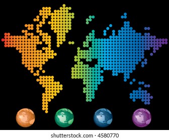 A rainbow map of the world made up of dots with globes below