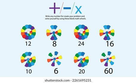 Rainbow math wheel template for addition, subtraction, multiplication