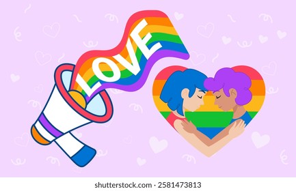 Rainbow megaphone shouting the word love at a young lgbtq+ couple embracing inside a rainbow heart, celebrating pride and lgbtq+ love